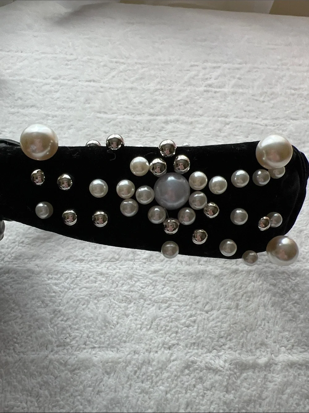 Natasha Couture Black Velvet Pearl Rhinestone Knotted Headband Embellished